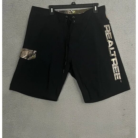 RealTree Swim Trunks Drawstring Board Shorts Men's Sz 36 Black Camouflage Cargo - Picture 1 of 11
